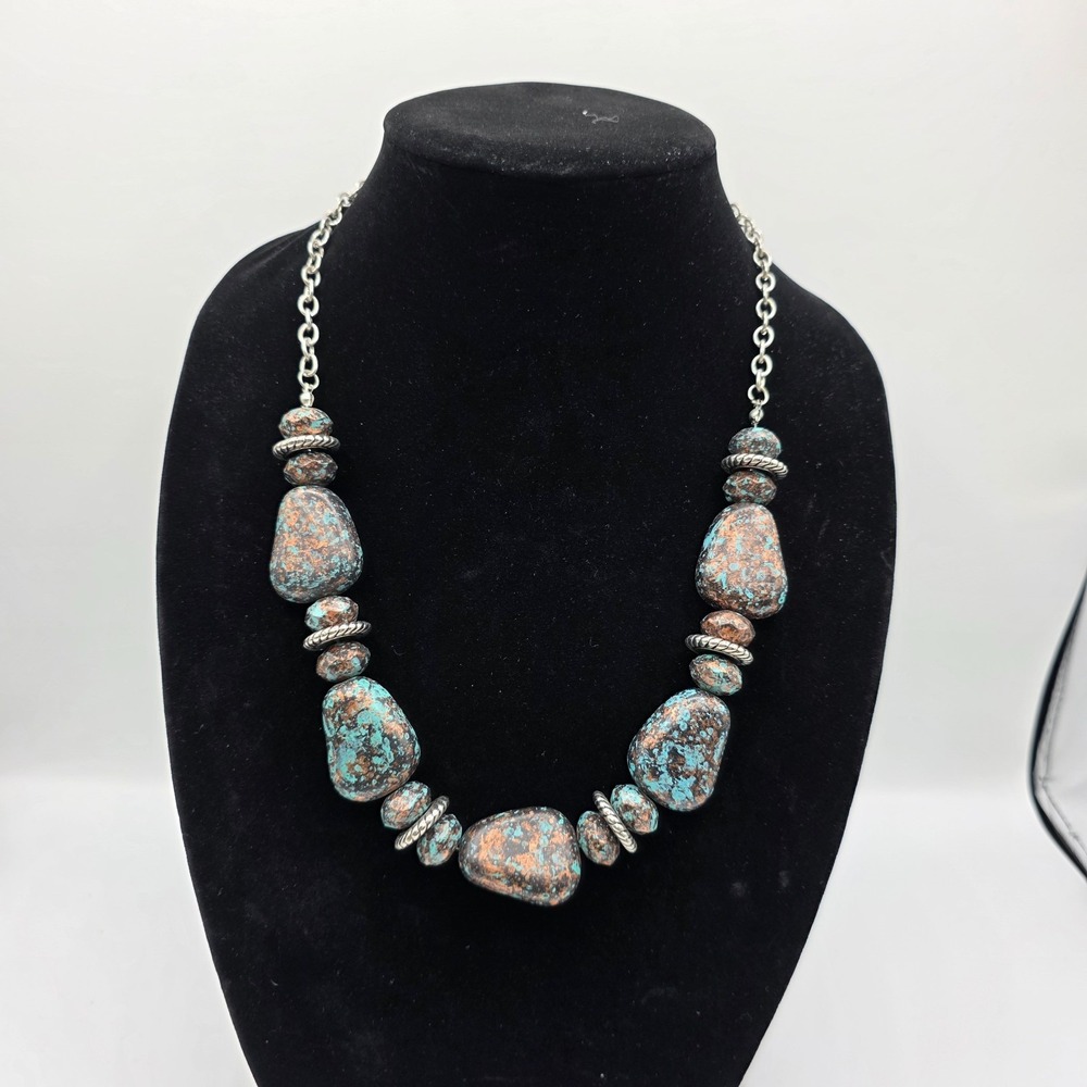 Womens Silver Tone Chain‎ Bronze Blue Stone Acrylic Beaded Collar Necklace 22"